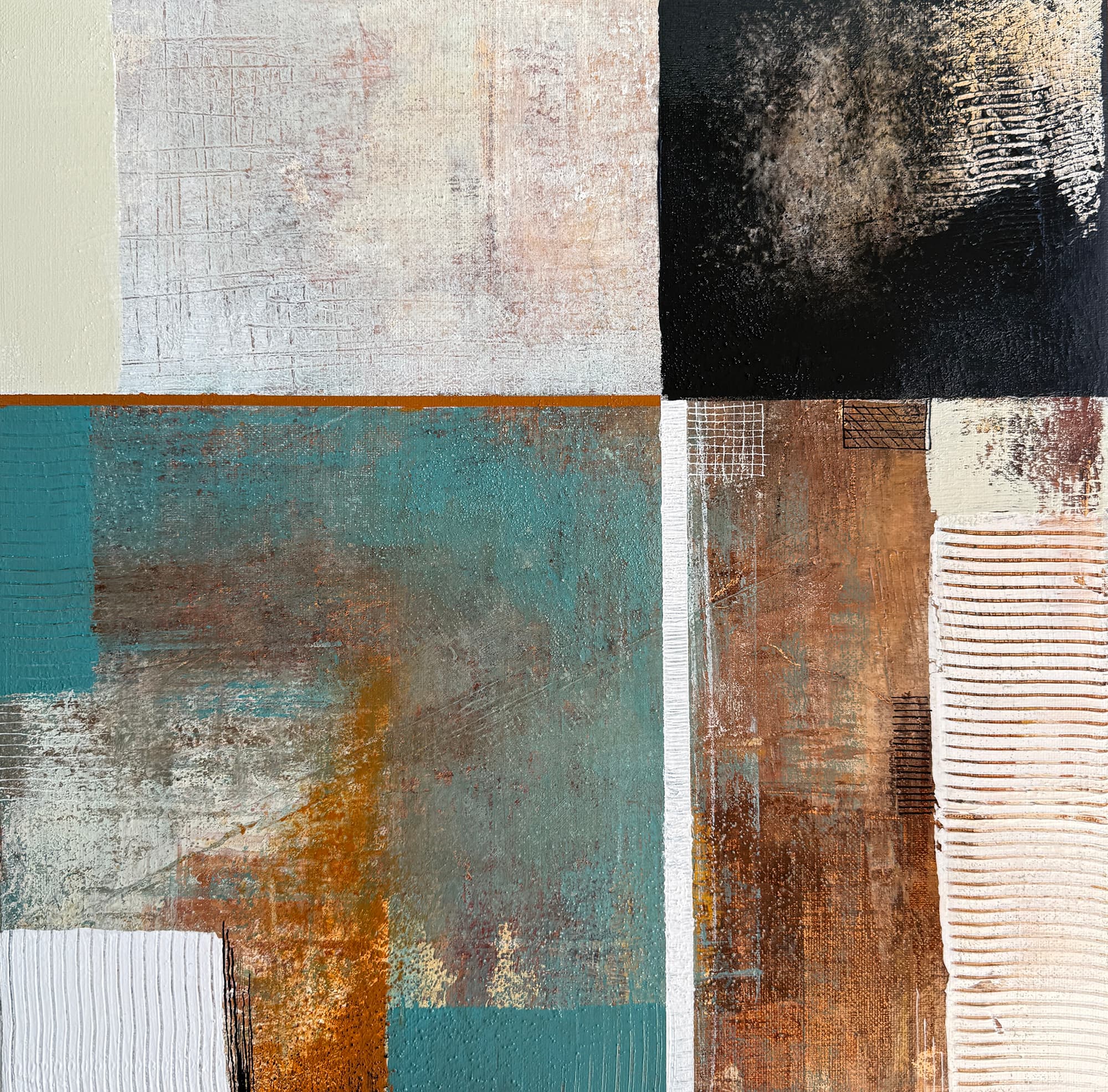 Copper and Rust — Acrylic media on canvas, 16 × 16 × 1.6 in, by Vanessa Caroli